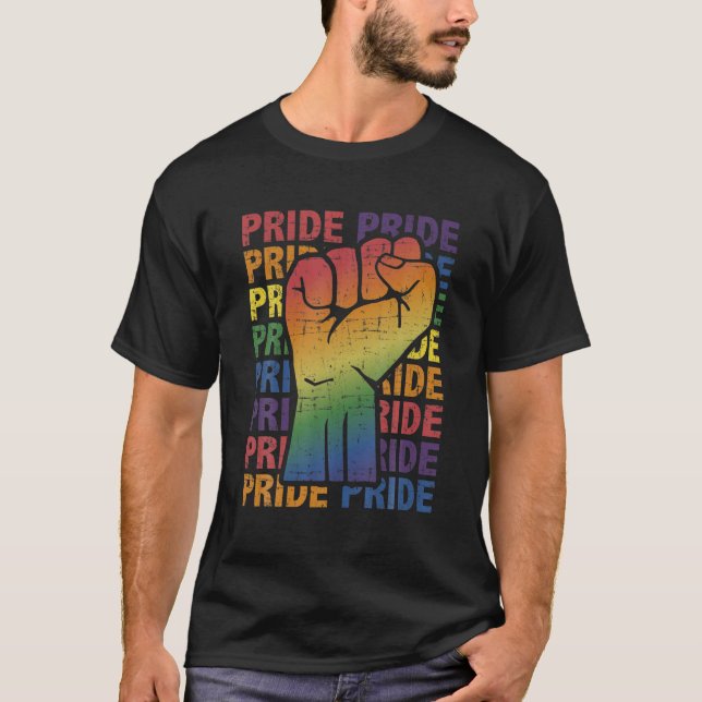 LGBT Pride Month Support With Rainbow Flag Fist T-Shirt (Front)
