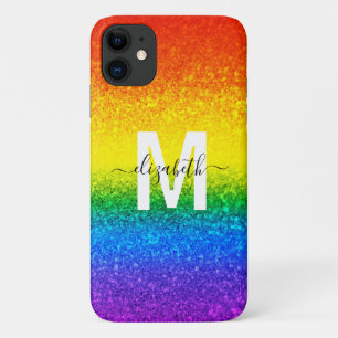 LGBT Pride Rainbow Glitter Stripes Monogram Name iPhone 11 Case