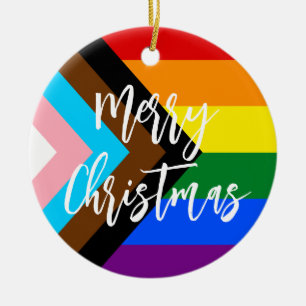 LGBT Progress Pride Rainbow Personalized Christmas Ceramic Tree Decoration