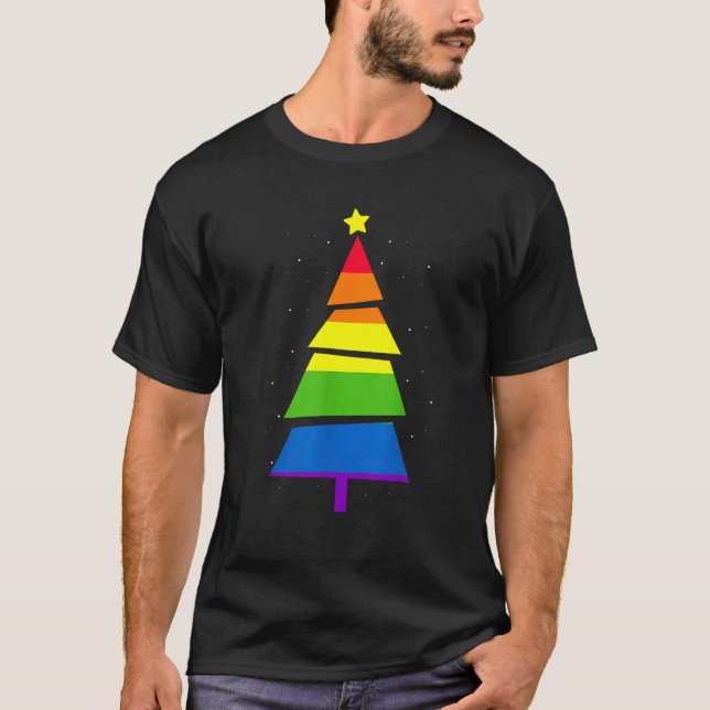LGBT Q Pride Rainbow Flag Gay Christmas Tree X Mas T-Shirt (Front)