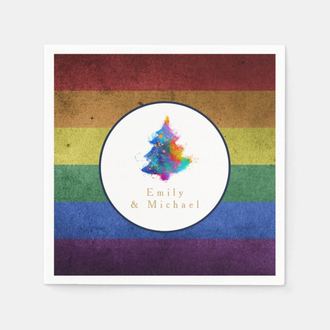 LGBT Rainbow Christmas Tree Party Gay Pride Flag Napkin (Front)