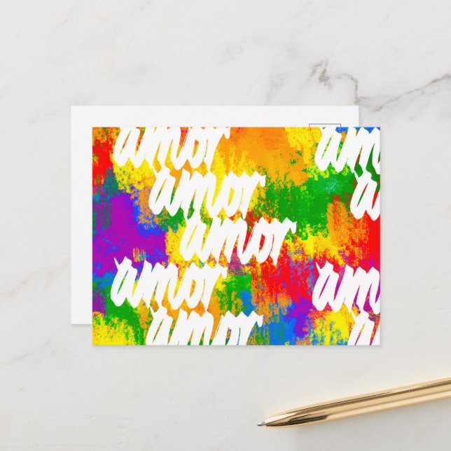 LGBT Rainbow colour brushstrokes Amor calligraphy  Postcard (Front/Back In Situ)