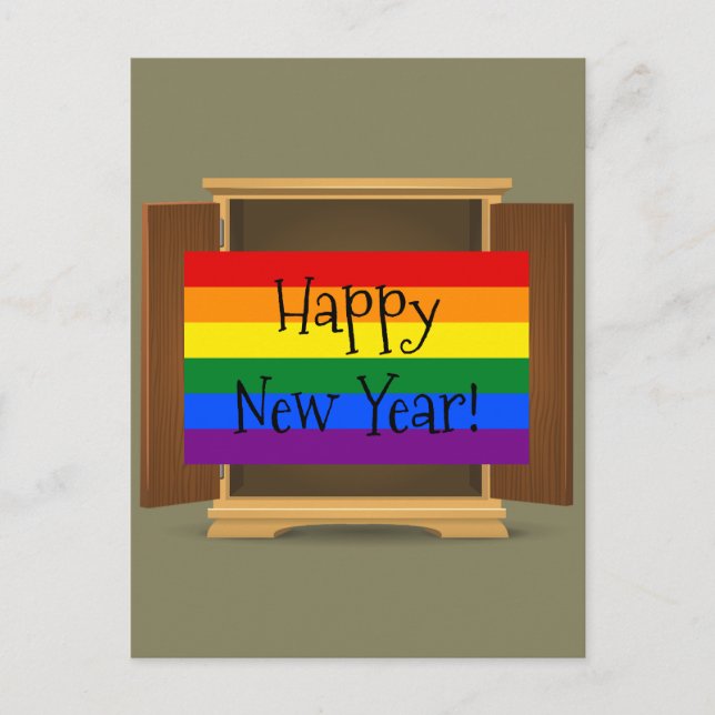 LGBT Rainbow coming out of the closet New Year Holiday Postcard (Front)