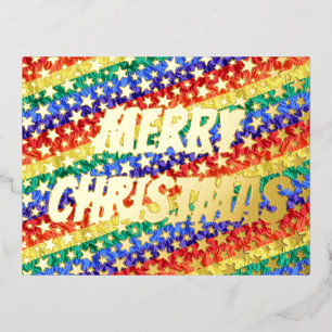 LGBT rainbow flag stars Merry Christmas typography Foil Holiday Postcard