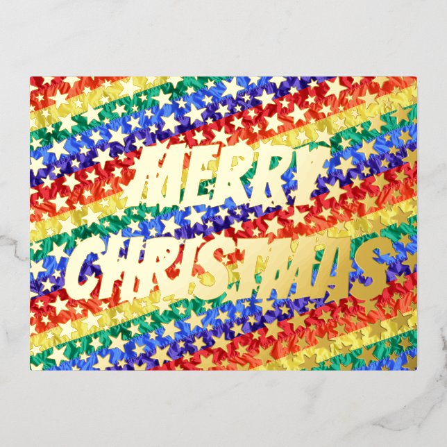LGBT rainbow flag stars Merry Christmas typography Foil Holiday Postcard (Front)