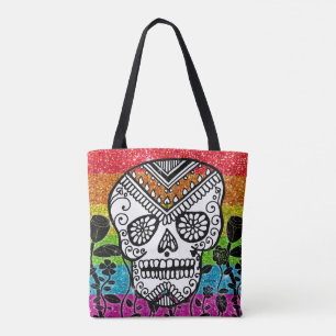 LGBT Rainbow Glitter Sugar Skull Black Flower Tote Bag