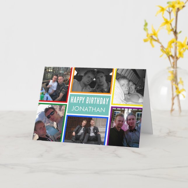 LGBT Rainbow Happy Birthday Photo Collage Greeting Card (Yellow Flower)