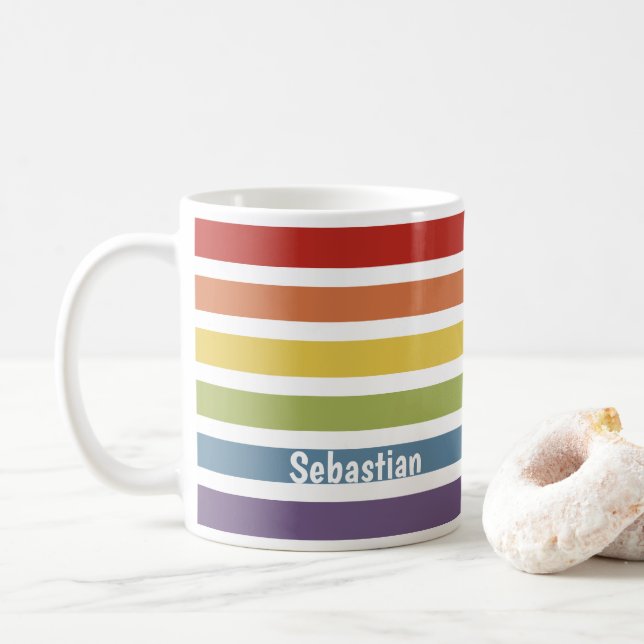 LGBT Rainbow Muted Colour Personalised Coffee Mug (With Donut)