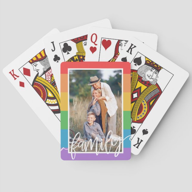 LGBT Rainbow Stripes Family Brush Script Photo Playing Cards (Back)