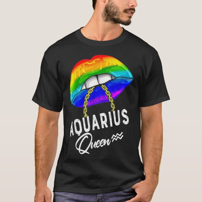 LGBTQ Aquarius Queen Lips Zodiac Rainbow Gay Pride T-Shirt (Front)
