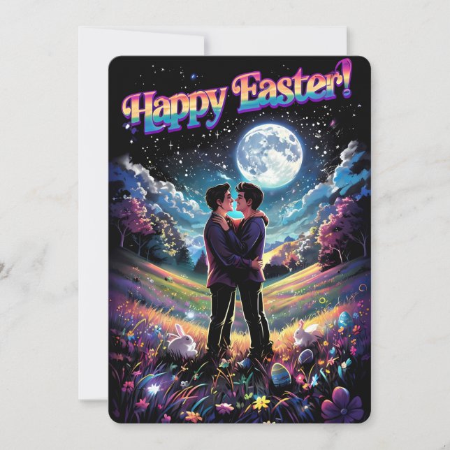 LGBTQ+ Art Gay Couple Under Moonlight Easter Card (Front)