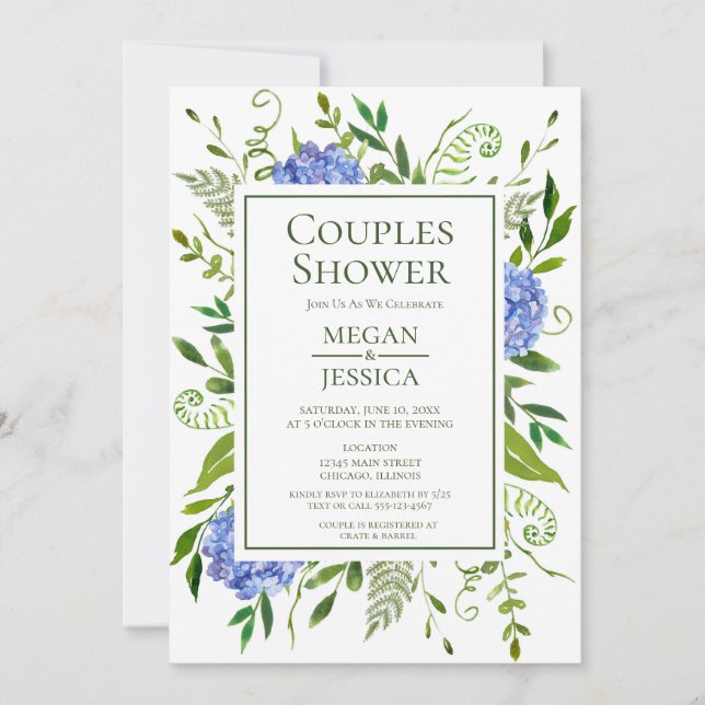 LGBTQ Blue Hydrangeas Floral Couples Shower Invitation (Front)