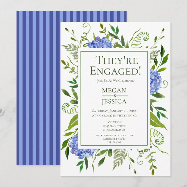 LGBTQ Blue Hydrangeas Floral Engagement Party Invitation (Front/Back)