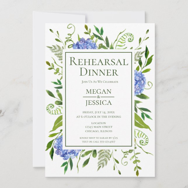 LGBTQ Blue Hydrangeas Floral Rehearsal Dinner Invitation (Front)