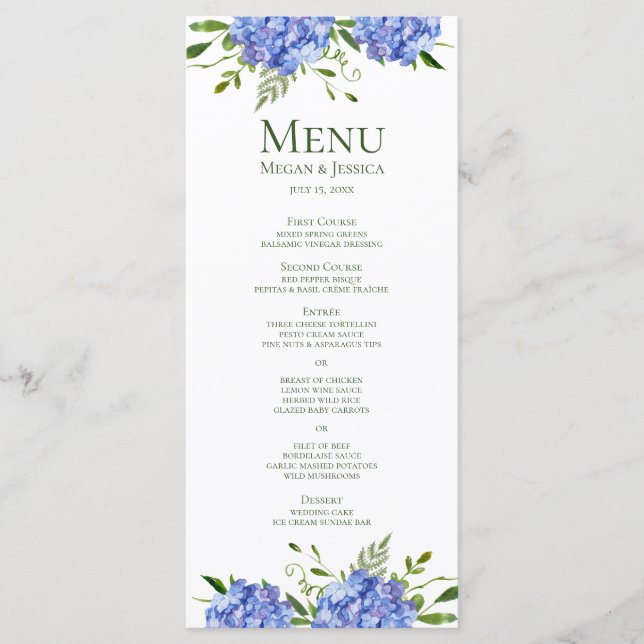 LGBTQ Blue Hydrangeas Floral Wedding Menu (Front)