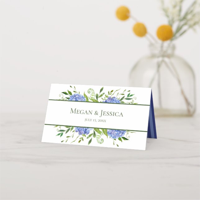 LGBTQ Blue Hydrangeas Floral Wedding Place Card (Back)