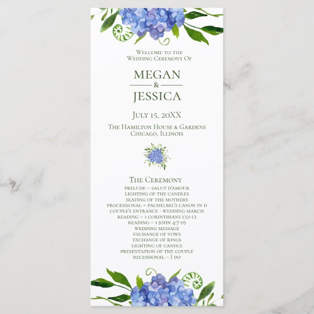 LGBTQ Blue Hydrangeas Floral Wedding Program Programme (Front)