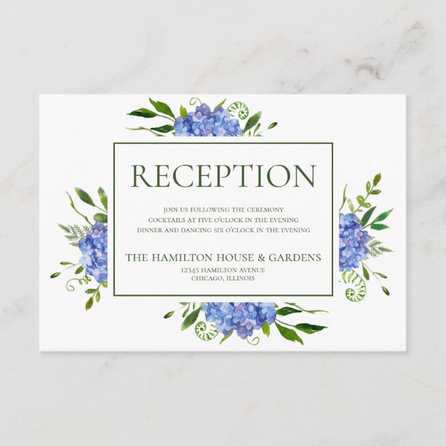 LGBTQ Blue Hydrangeas Floral Wedding Reception Enclosure Card (Front)
