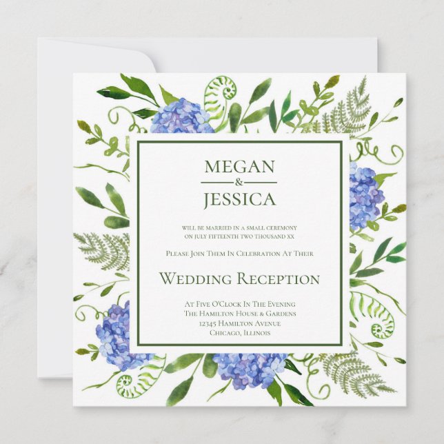 LGBTQ Blue Hydrangeas Floral Wedding Reception Invitation (Front)
