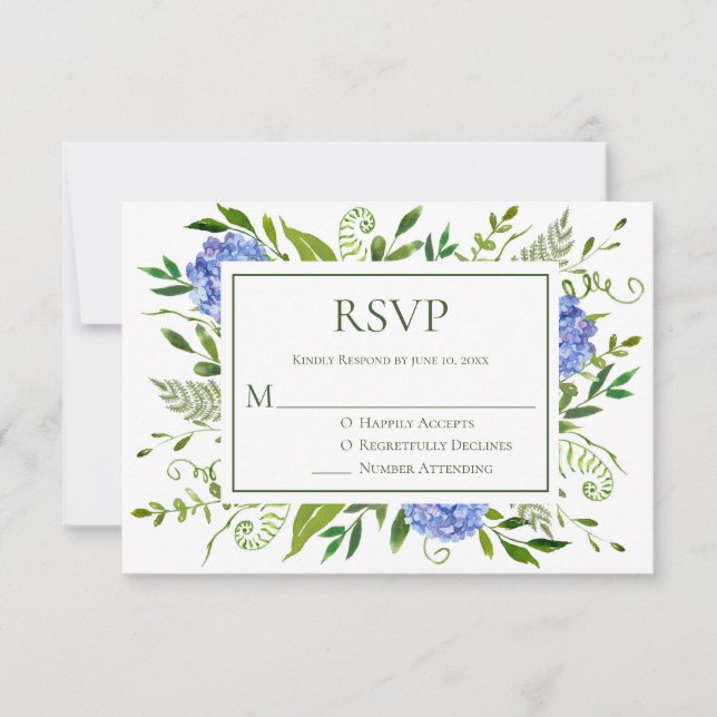 LGBTQ Blue Hydrangeas Floral Wedding RSVP Card (Front)