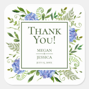 LGBTQ Blue Hydrangeas Floral Wedding Thank You Square Sticker