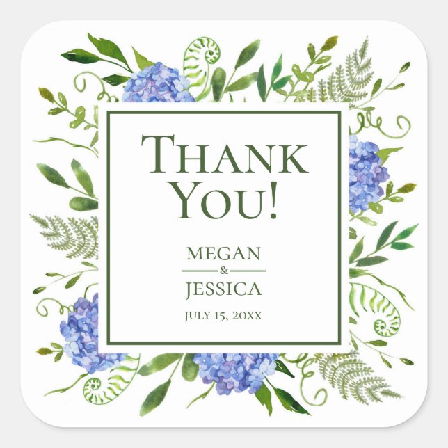 LGBTQ Blue Hydrangeas Floral Wedding Thank You Square Sticker (Front)
