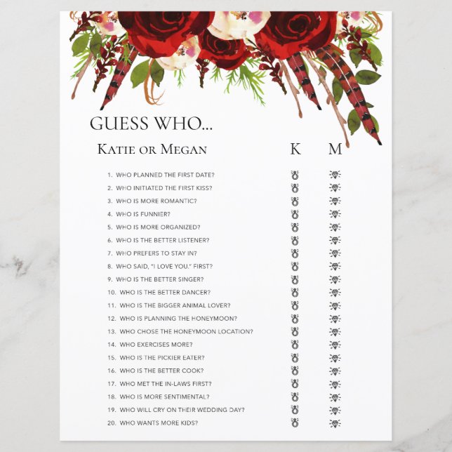 LGBTQ Boho Red Roses Guess Who Bridal Word Search (Front)