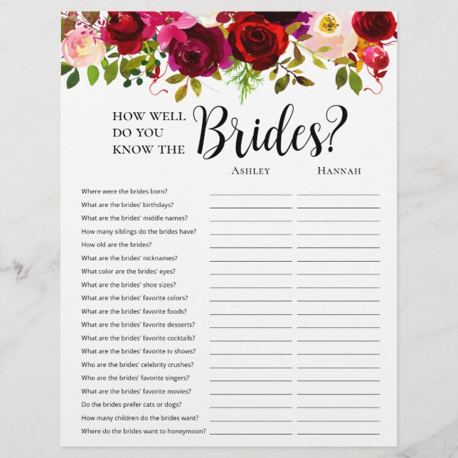 LGBTQ Burgundy Floral Bridal Shower Games Flyer (Front)