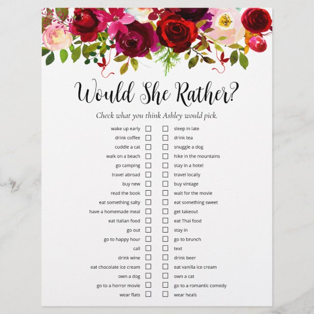 LGBTQ Burgundy Floral Bridal Shower Games Flyer (Front)