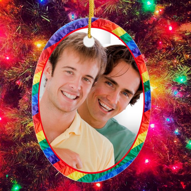 LGBTQ custom photo gay pride rainbow flag oval Ceramic Tree Decoration (Creator Uploaded)