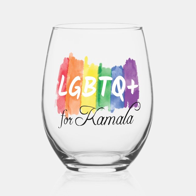 LGBTQ for Kamala Rainbow Gay Pride Stemless Wine Glass (Front)
