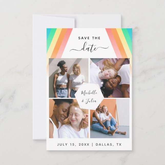 LGBTQ Gay Couple 4 Photo Collage Rainbow Wedding Save The Date (Front)