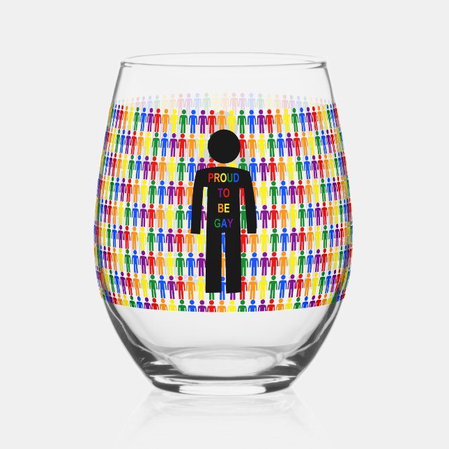 LGBTQ Gay Man Silhouette and Rainbow Men Stemless Wine Glass (Front)