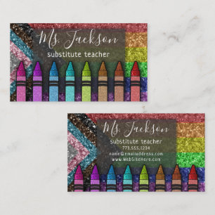 LGBTQ Glitter Teacher Name Rainbow Crayons Business Card