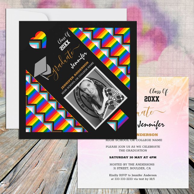 LGBTQ Graduate & Rainbow Progress Flag Graduation Invitation (Creator Uploaded)