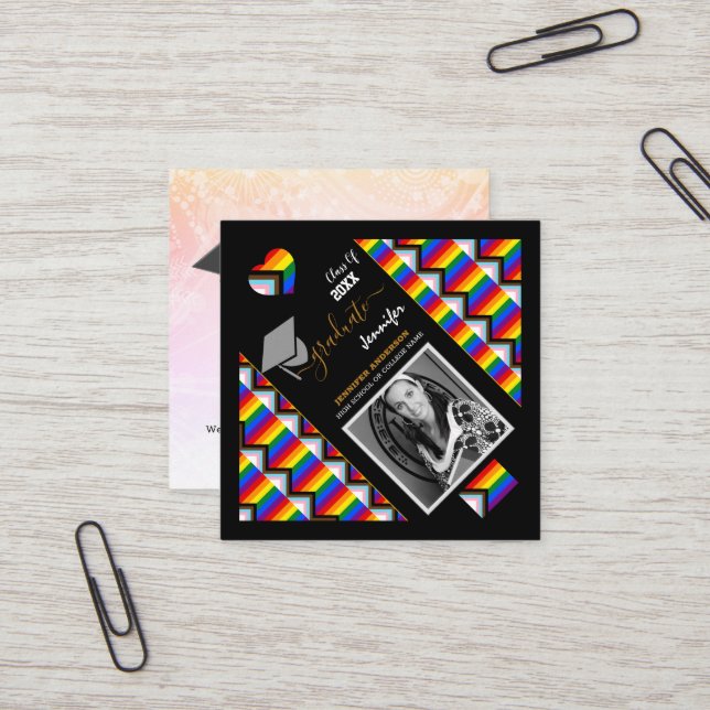 LGBTQ Graduate & Rainbow Progress Flag Graduation Square Business Card (Front/Back In Situ)