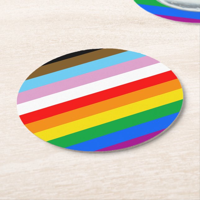 LGBTQ+ INCLUSIVE PRIDE FLAG ROUND PAPER COASTER (Angled)