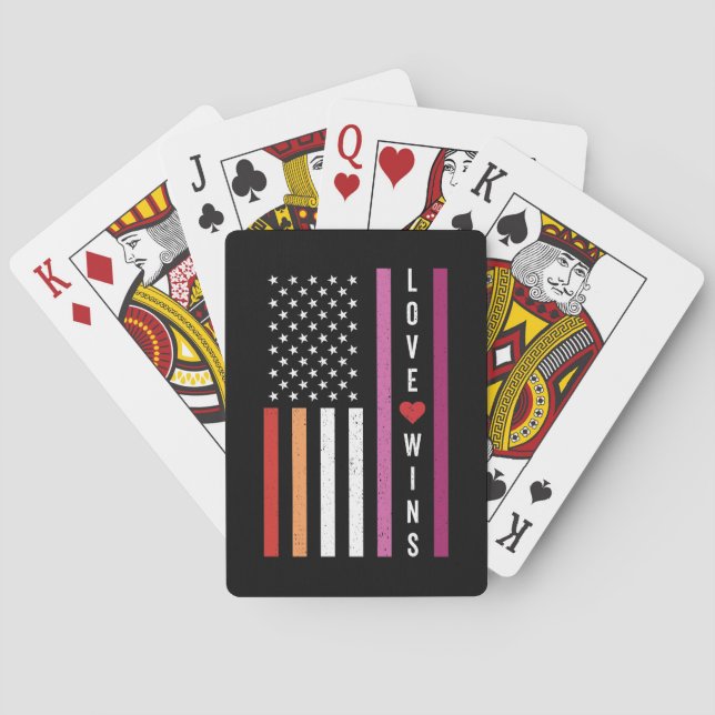 LGBTQ Lesbian Pride Love Wins USA American Flag Playing Cards (Back)