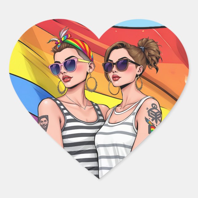 LGBTQ Lesbian Rainbow Flag Heart Sticker (Front)