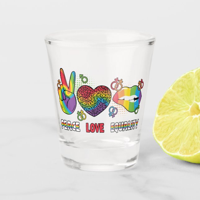 LGBTQ - Peace, Love, Equality - Rainbow Colours Shot Glass (Front)