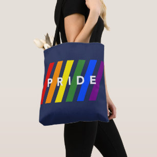 LGBTQ PRIDE Diagonal Rainbow Stripes on Navy Blue Tote Bag