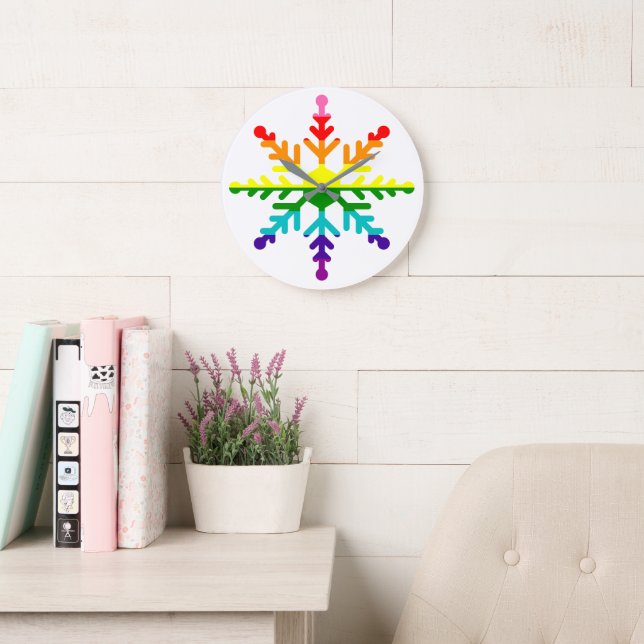 LGBTQ Pride Rainbow Colourful Christmas Snowflake Large Clock (Reading Room)