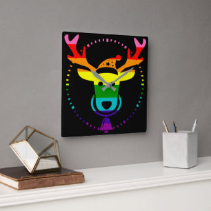 LGBTQ Pride Rainbow Cute Reindeer Head Christmas S Square Wall Clock