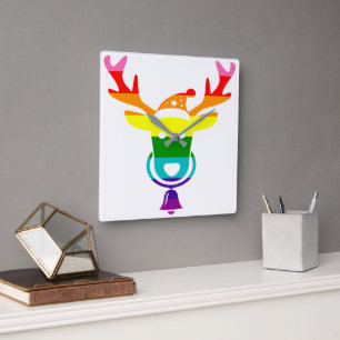 LGBTQ Pride Rainbow Cute Reindeer Head Christmas Square Wall Clock