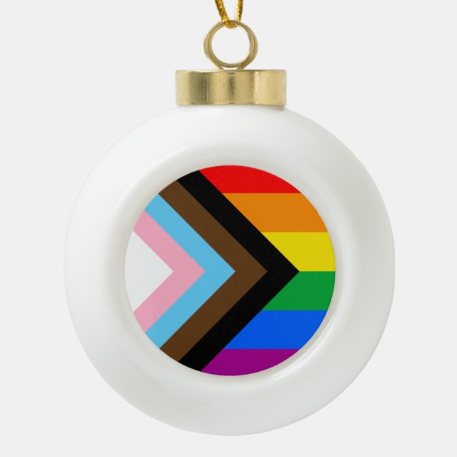 LGBTQ+ Progress Pride Ceramic Ball Christmas Ornament (Front)