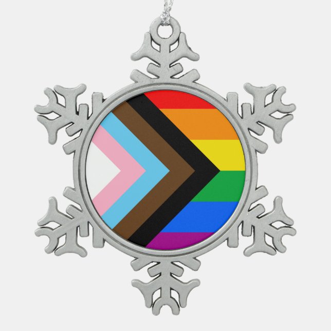 LGBTQ+ Progress Pride Snowflake Pewter Christmas Ornament (Front)