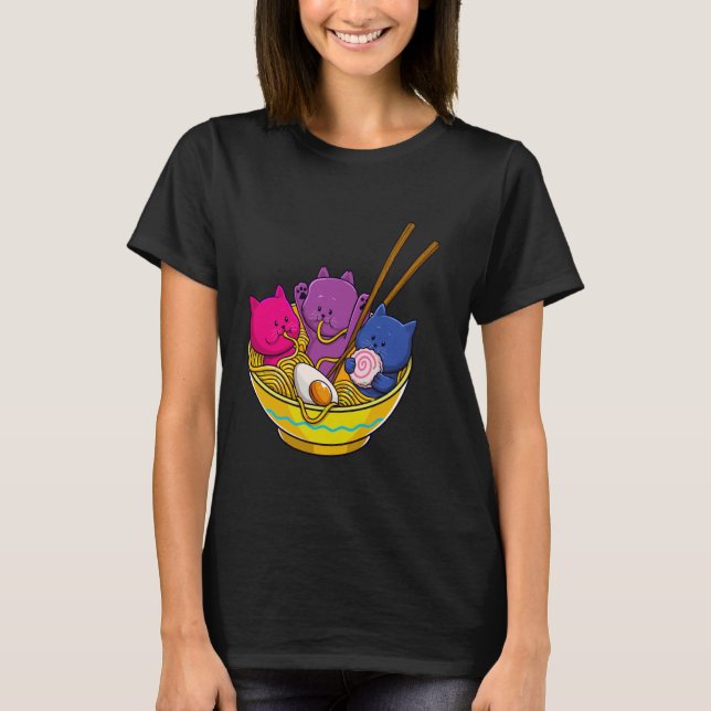 LGBTQ Rainbow Bisexual Pride Flag Cats In Ramen An T-Shirt (Front)