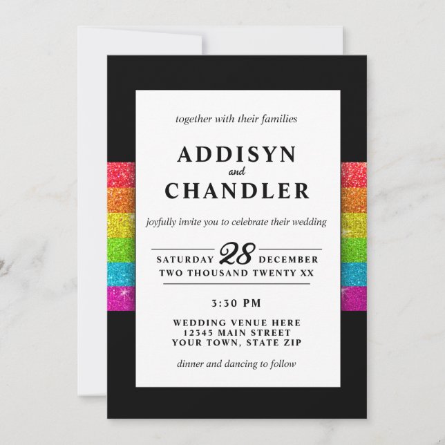 LGBTQ Rainbow Black Chic Modern Wedding Glitter Invitation (Front)