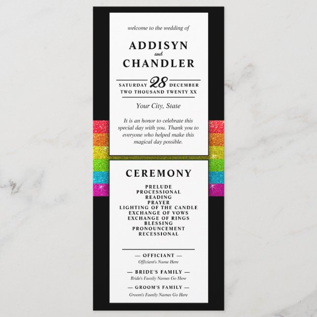 LGBTQ Rainbow Black Chic Modern Wedding Glitter Programme (Front)