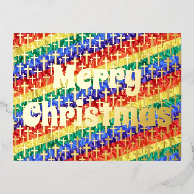LGBTQ rainbow flag Jesus Cross Merry Christmas Foil Holiday Postcard (Front)